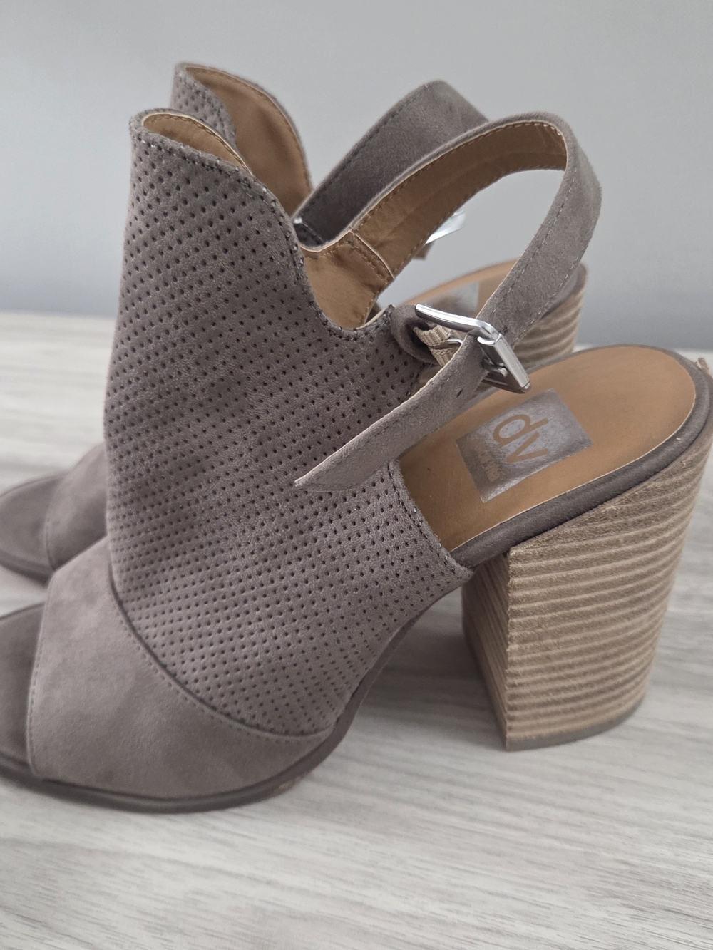 Dolce Vita Taupe Perforated Suede Open-Toe Block Heel Sandals